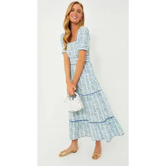 Pink City Prints Cotswolds Blue Border Evelyn Midi Block Tiered Dress Tuckernuck - Picture 2 of 11